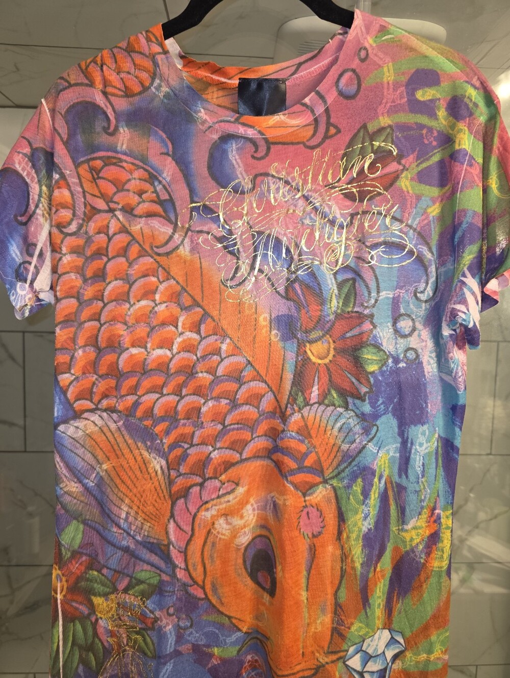 RARE VTG Christian Audigier/Ed Hardy KOI FISH Gold Metallic Logo T-shirt Sz L
